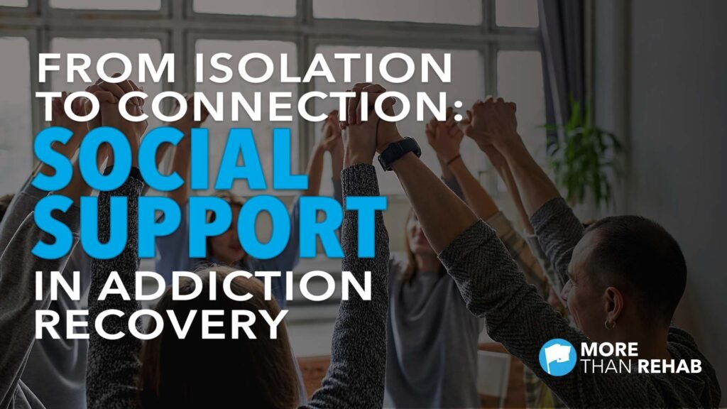 “People standing together with raised hands in a group setting, representing social support and connection in addiction recovery.”