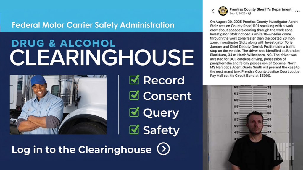 Collage: FMCSA Drug & Alcohol Clearinghouse promotional banner with a trucker photo and a checklist (Record, Consent, Query, Safety) plus 'Log in to the Clearinghouse' text; a separate social‑media post screenshot; and a mugshot of a man standing against a height chart.