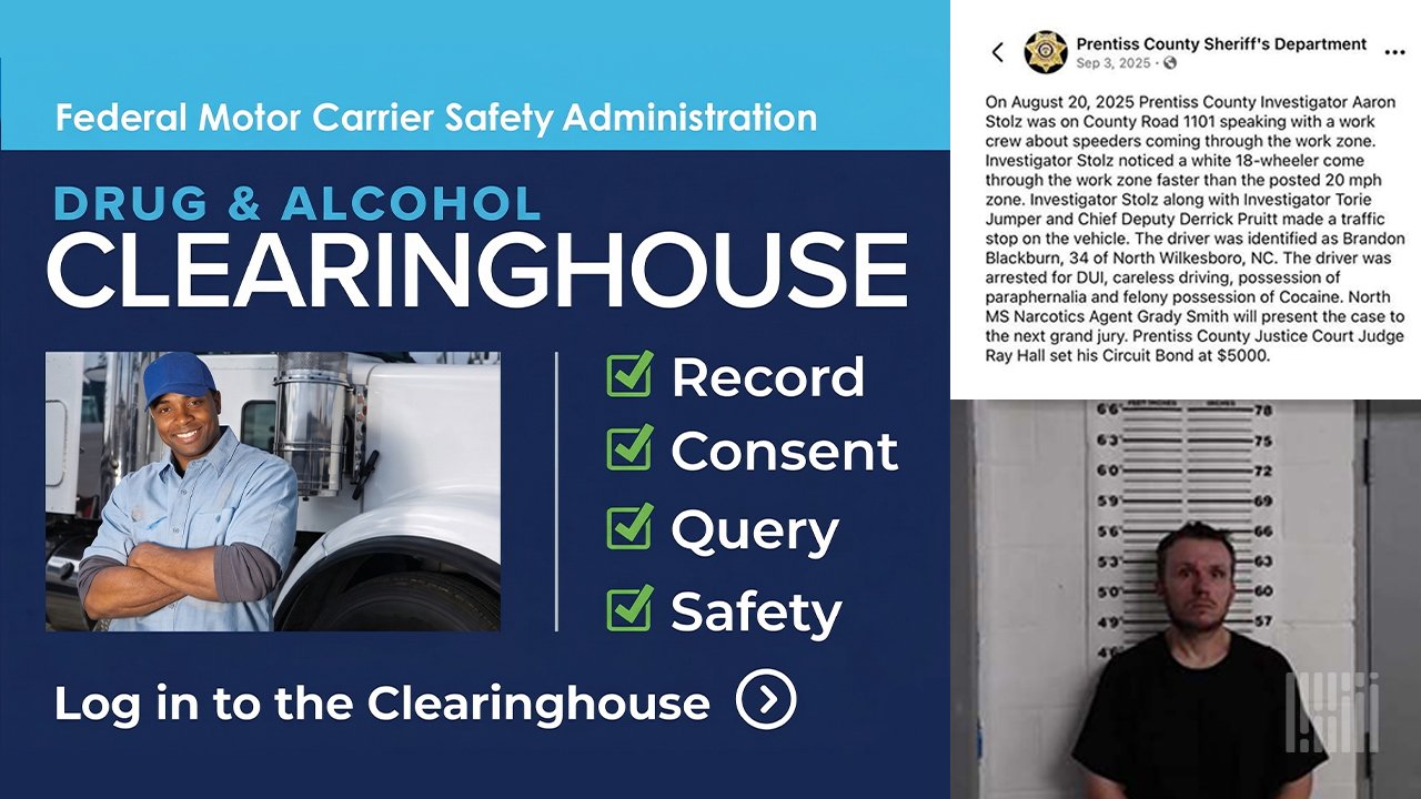 wp-header-logo-300.png • Punkin's Patch Collage: FMCSA Drug & Alcohol Clearinghouse promotional banner with a trucker photo and a checklist (Record, Consent, Query, Safety) plus 'Log in to the Clearinghouse' text; a separate social‑media post screenshot; and a mugshot of a man standing against a height chart.