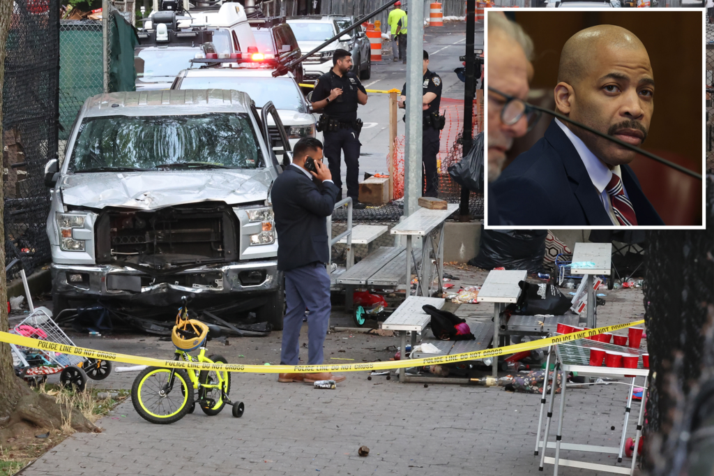 Street crime scene with a damaged white pickup, police with gear, and yellow 'Do Not Cross' tape across the area.