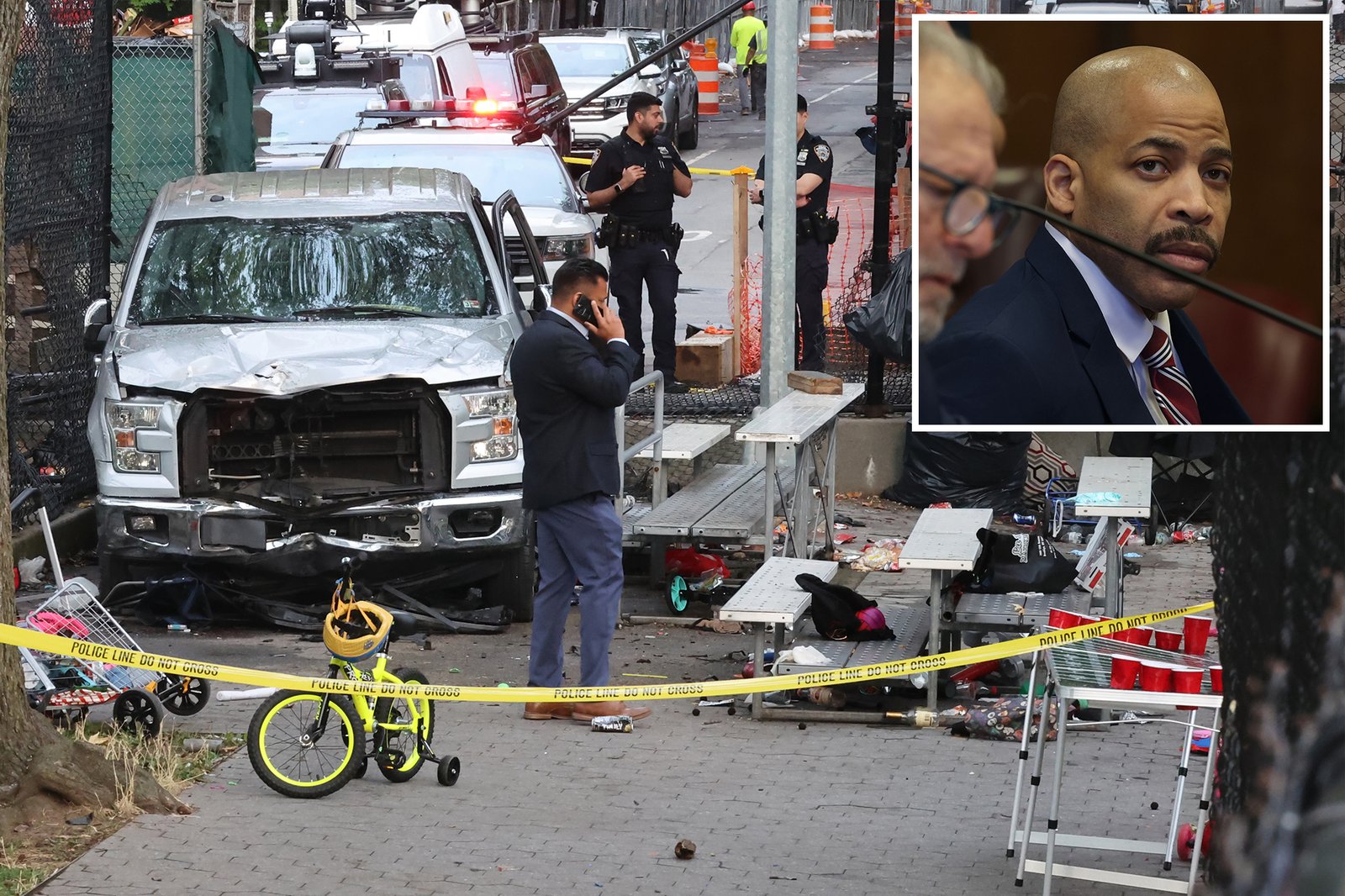 wp-header-logo-302.png • Punkin's Patch Street crime scene with a damaged white pickup, police with gear, and yellow 'Do Not Cross' tape across the area.