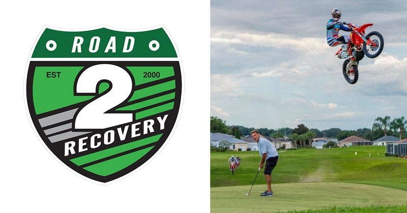 Left: Road to Recovery logo badge; right: motocross rider jumping over a golf course while a golfer watches