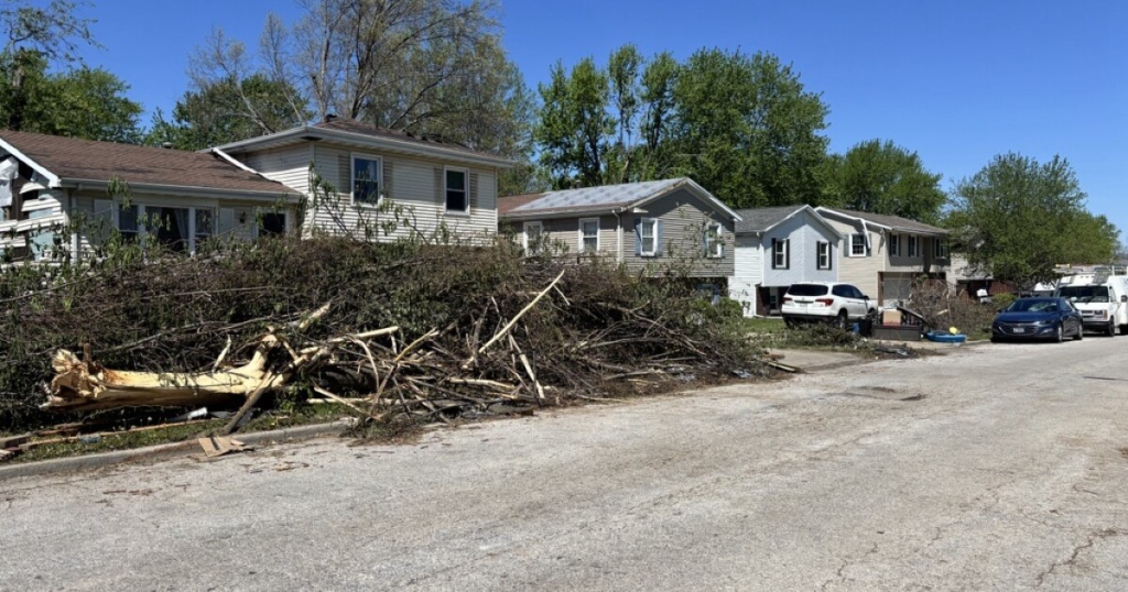 Street with single-story homes and a large pile of fallen branches debris along the curb, likely after a storm, with parked cars on the right side.