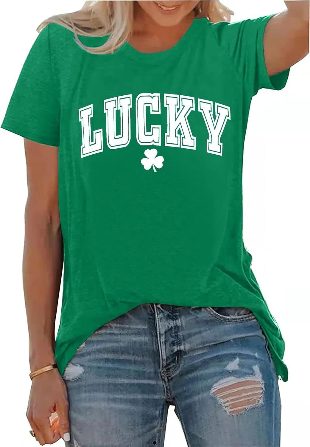 07582fea-7b33-4ac4-a945-0a70ec345918jpg • Punkin's Patch Green T-shirt with 'LUCKY' in white varsity font and a small shamrock emblem beneath