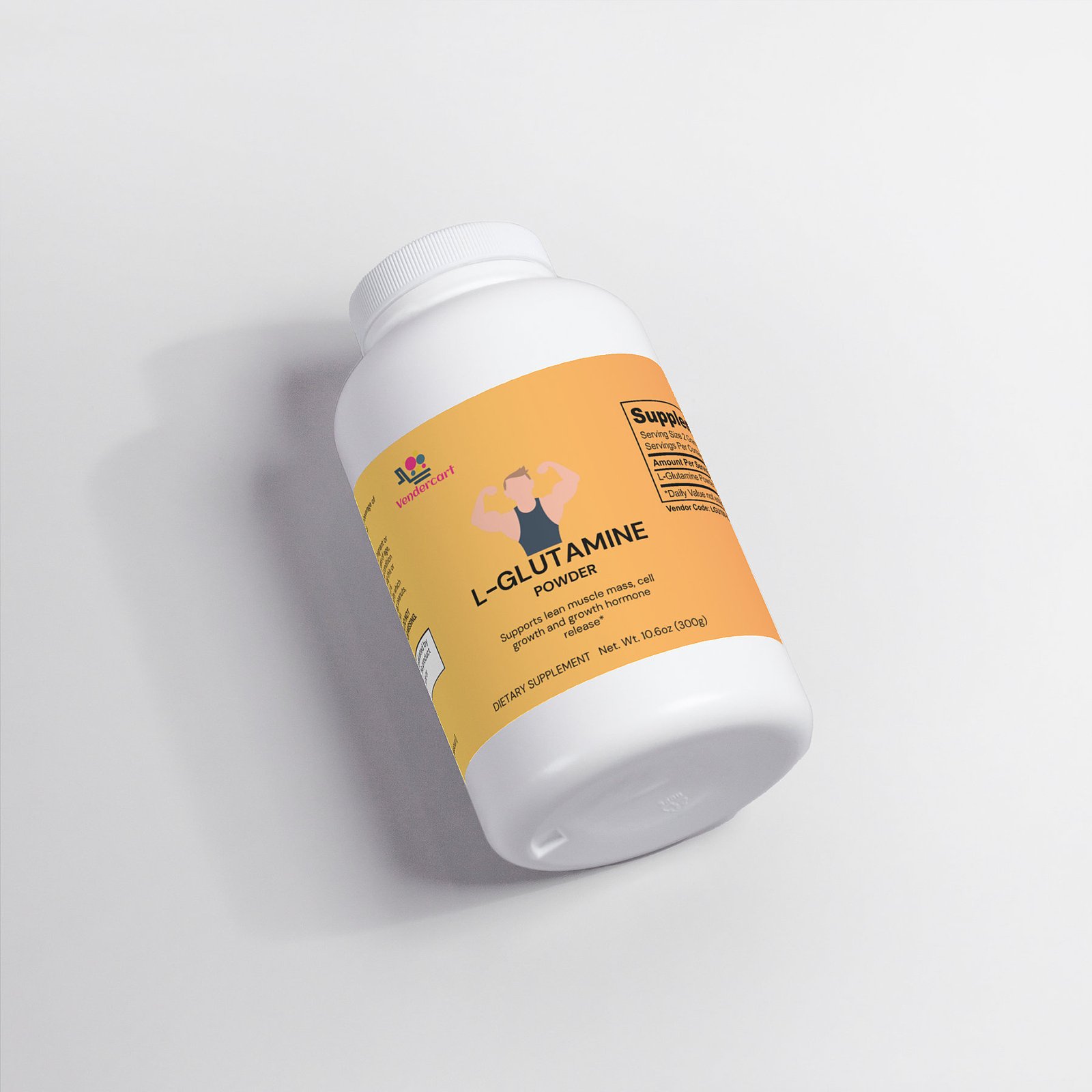 0ff95b10-3b3d-49bb-8649-84ca2b5e2c8cjpg • Punkin's Patch White plastic bottle of L-glutamine powder lying diagonally on a white surface with an orange label visible