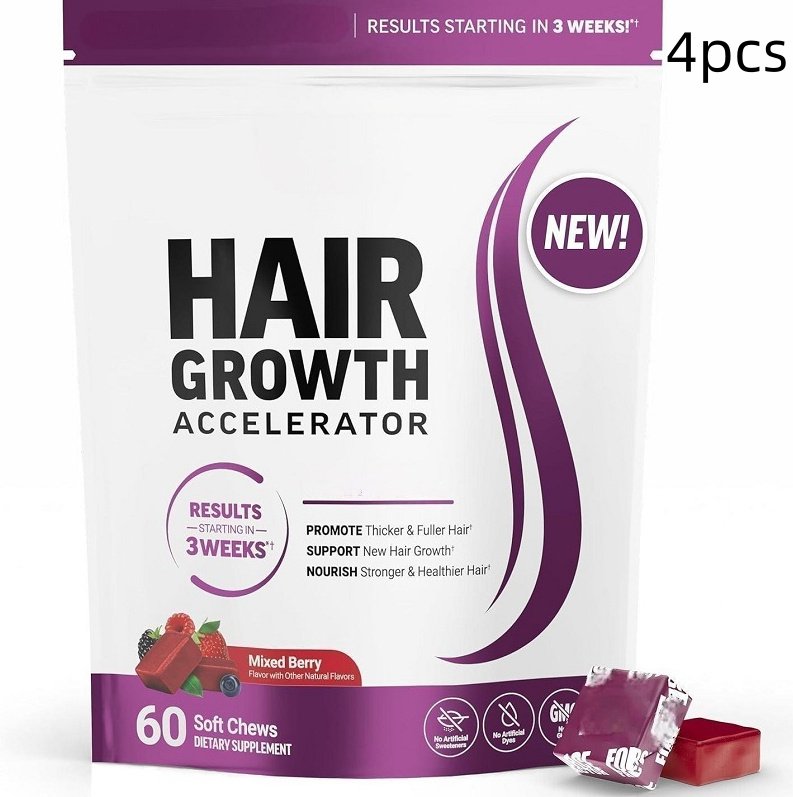 130bacad-ca3d-48bb-ab9c-c8499c10fc3bjpg • Punkin's Patch White pouch labeled 'Hair Growth Accelerator' with purple swoosh, 'New!' badge, and 60 mixed berry soft chews visible on the bag edge.