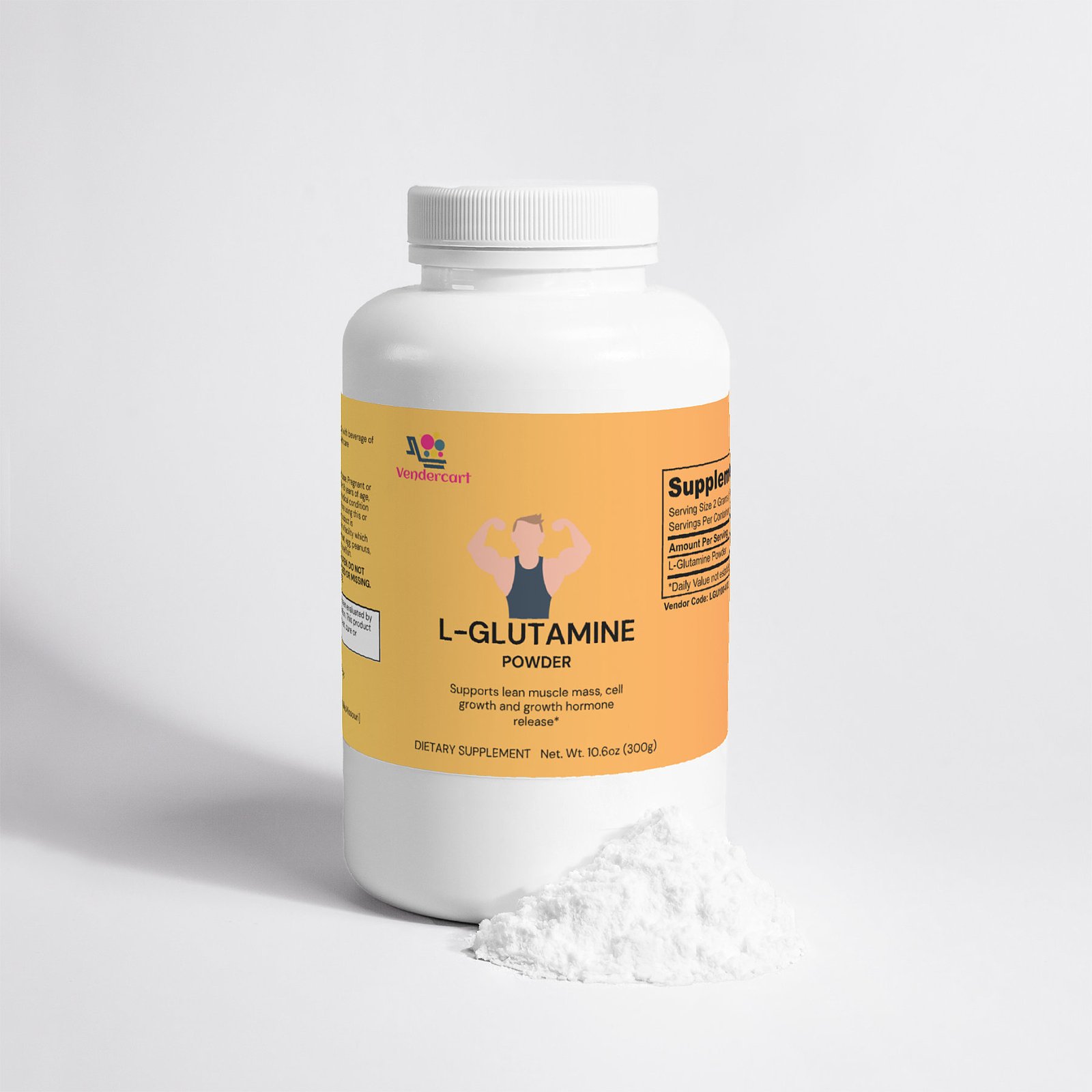 133eb614-96ad-40a0-9ce5-46bfea5c1796jpg • Punkin's Patch White plastic supplement bottle with an orange label reading L-Glutamine powder, on a white surface with spilled powder nearby.
