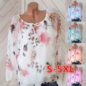 Flowy floral blouse with long sleeves on a mannequin; white base with pink, peach, and gray flowers; color variants shown (S–5XL).