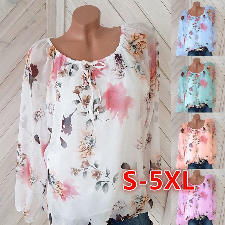 1624002763687jpg • Punkin's Patch Flowy floral blouse with long sleeves on a mannequin; white base with pink, peach, and gray flowers; color variants shown (S–5XL).
