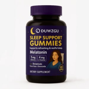 Bottle of Sleep Support Gummies with a purple cap and label that reads Melatonin, featuring a sleeping woman illustration and 60 gummies on a white background,