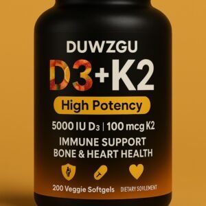 Bottle label for D3+K2 high potency supplement, vitamin D3 and K2 with 5000 IU D3 | 100 mcg K2, immune support and bone health