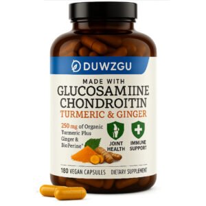Bottle of DUWZGU dietary supplement with glucosamine, chondroitin, turmeric and ginger capsules (180 vegan capsules)