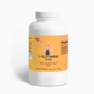 2b60308a-52f2-4e83-8955-fbea4509517ajpg • Punkin's Patch White plastic supplement bottle with orange label reading 'L-GLUTAMINE POWDER'; shows a muscular figure illustration and small logo near top.