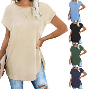 Beige oversized t-shirt tunic with side slits, model wearing casual jeans (also shown in blue, black, green, and navy color options)