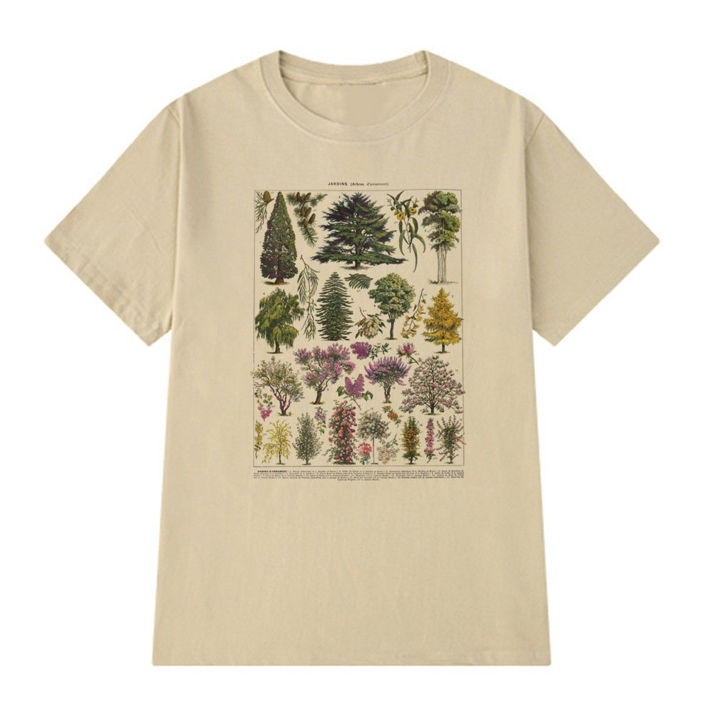 37f8e6c7-0a8f-415f-aeb7-11f7b75c18e9jpg • Punkin's Patch Beige T-shirt with a vintage botanical print showing multiple illustrated trees in a grid arrangement.