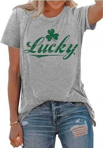 5e333d5c-a16a-4380-9163-3ecf8673017fjpg • Punkin's Patch Person wearing a light gray T-shirt with a green 'Lucky' script and shamrock graphic.