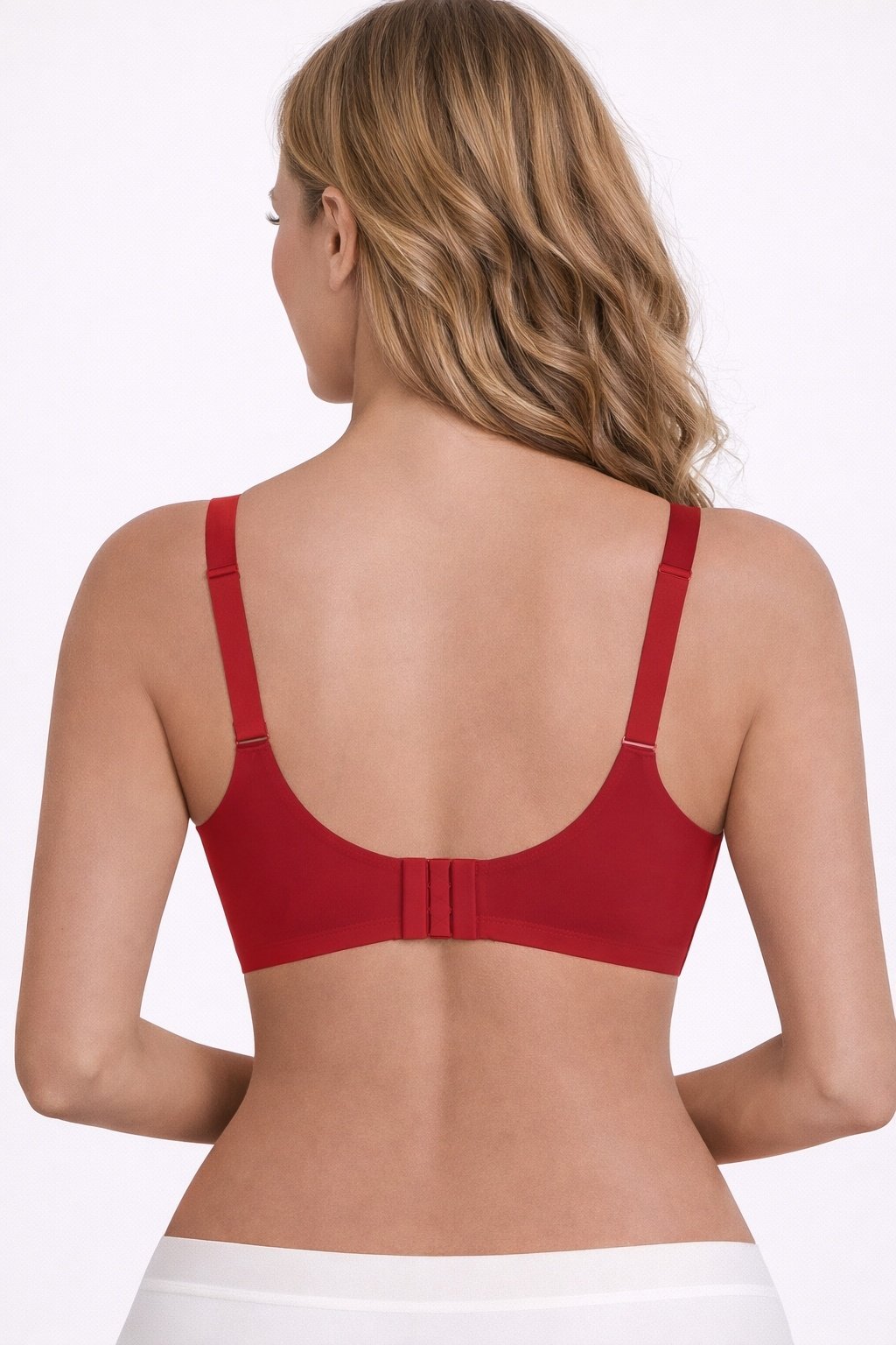 60fedf03-6ab9-46d8-b4ed-a8b8a1495bfejpg • Punkin's Patch Back view of a woman wearing a red bra with adjustable straps and a back hook closure.
