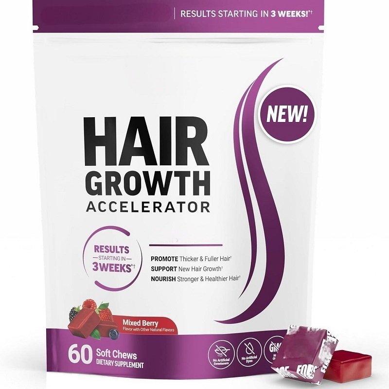 6b9c74de-f175-42a5-950d-47399e8eb16ejpg • Punkin's Patch Packaging for Hair Growth Accelerator dietary supplement with 60 mixed berry chewy tablets; highlights 'New!' and claims thicker, fuller hair.