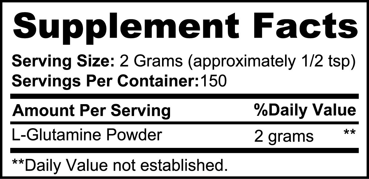 6bf764cd-62b9-4a53-8663-32201d0f126djpg • Punkin's Patch Supplement Facts label: serving size 2 g (1/2 tsp), 150 servings per container; L-Glutamine Powder 2 g per serving; Daily Value not established.