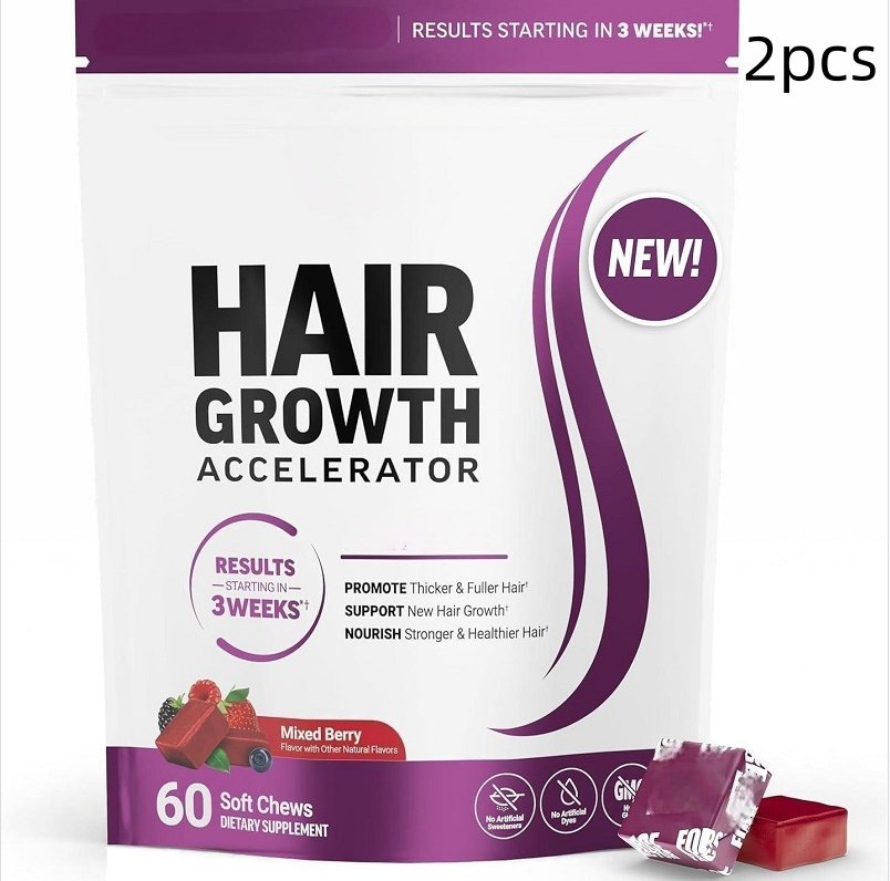 75e51317-4325-4066-96f1-c560dbaa8ab7jpg • Punkin's Patch Hair Growth Accelerator dietary supplement package, 60 mixed berry soft chews with new flavor on white bag cover