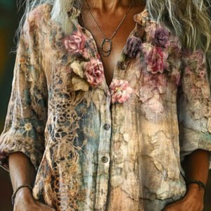 b787443a-e788-452d-91fd-9629ffb8bcc3jpg • Punkin's Patch Person wearing a sheer, multicolored floral button-down shirt with an open neckline and a circular pendant necklace.