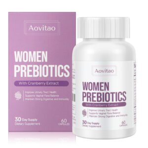 Purple box and white bottle labeled Aovitao Women Prebiotics with Cranberry Extract, 30 Day Supply, 60 capsules (dietary supplement).