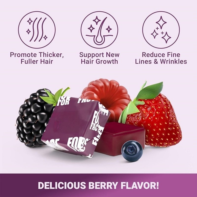 d0effec6-4fee-49ad-b7ed-ee2082994d0ajpg • Punkin's Patch Hair supplement promo: three benefit icons (thicker hair, new growth, fewer wrinkles) above a berry/chocolate assortment and a purple sachet, captioned ‘Delicious Berry Flavor!’