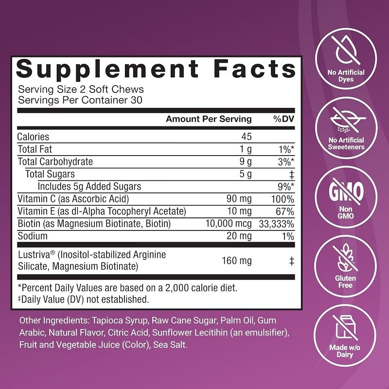d2983431-b59e-4ed6-adec-35b0481f936bjpg • Punkin's Patch Supplement Facts panel on a purple label listing calories 45, fat 1 g, carbs 9 g, sugars 5 g, vitamins C and E, biotin and sodium; shows serving size 2 soft chews and 30 servings per container.