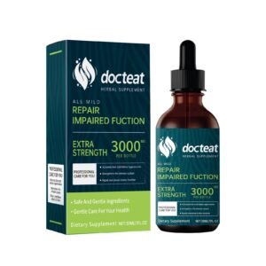 Front view of a Docteat herbal supplement box and matching dropper bottle with teal labels, featuring the Docteat logo and 'Repair Impaired Function' and 'Extra Strength' text.