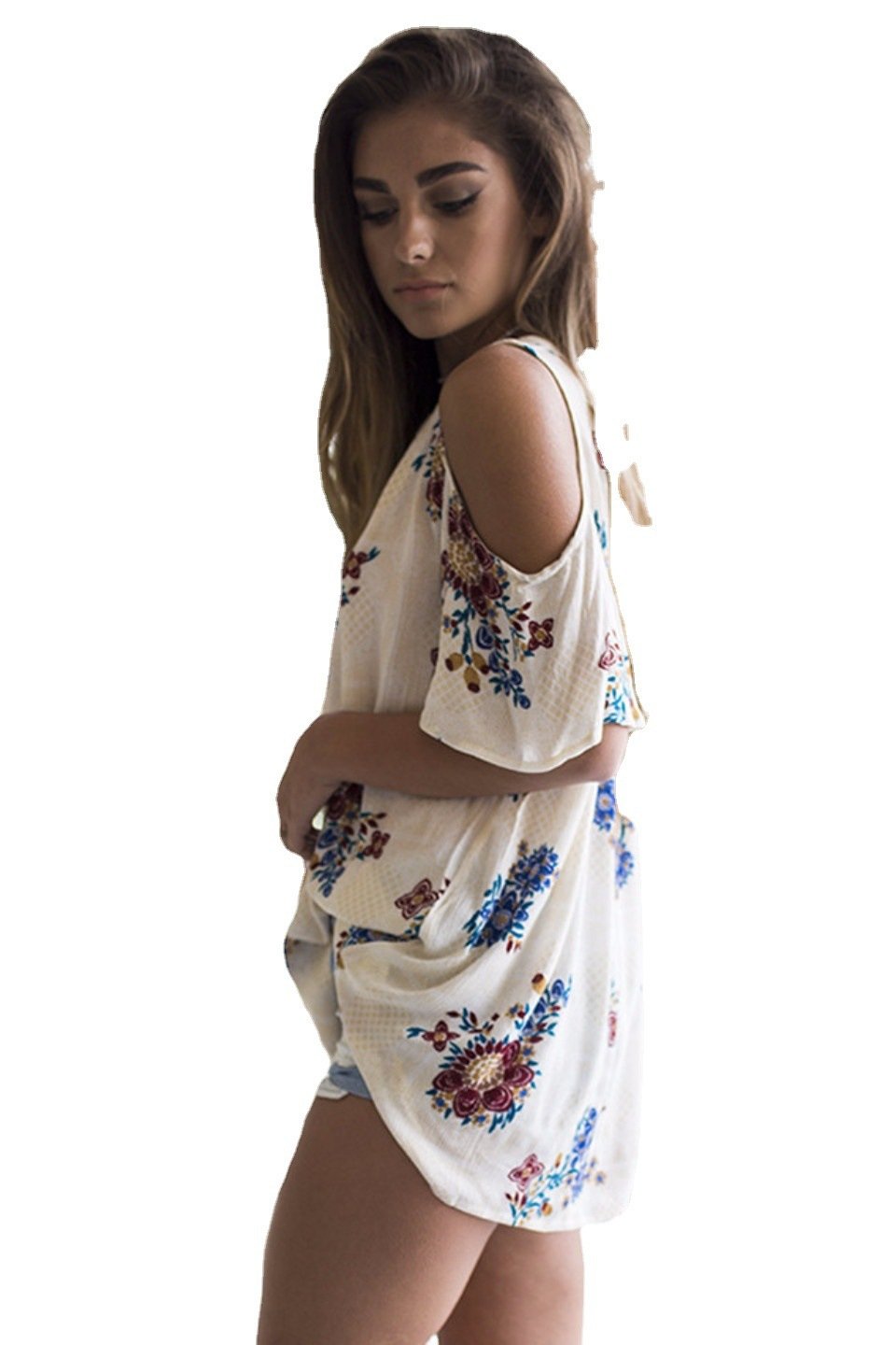 e43d7c73-fcc9-4bbd-a544-274450d2e25ajpg • Punkin's Patch Young woman in a cream floral off-the-shoulder dress, standing sideways with her head turned down slightly.