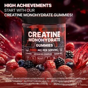 Bottle of Creatine Monohydrate Gummies with bold white text and berry splash backdrop; focus on product name and flavor imagery.