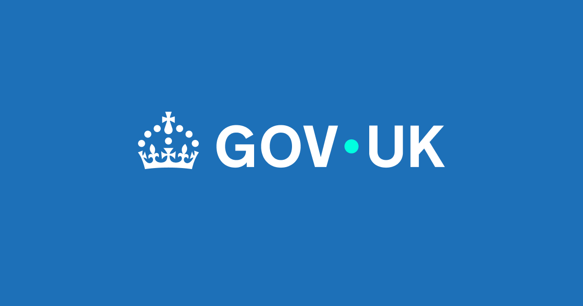 GOV.UK logo with crown icon on a blue background, displaying the text 'GOV • UK' with a cyan dot between words