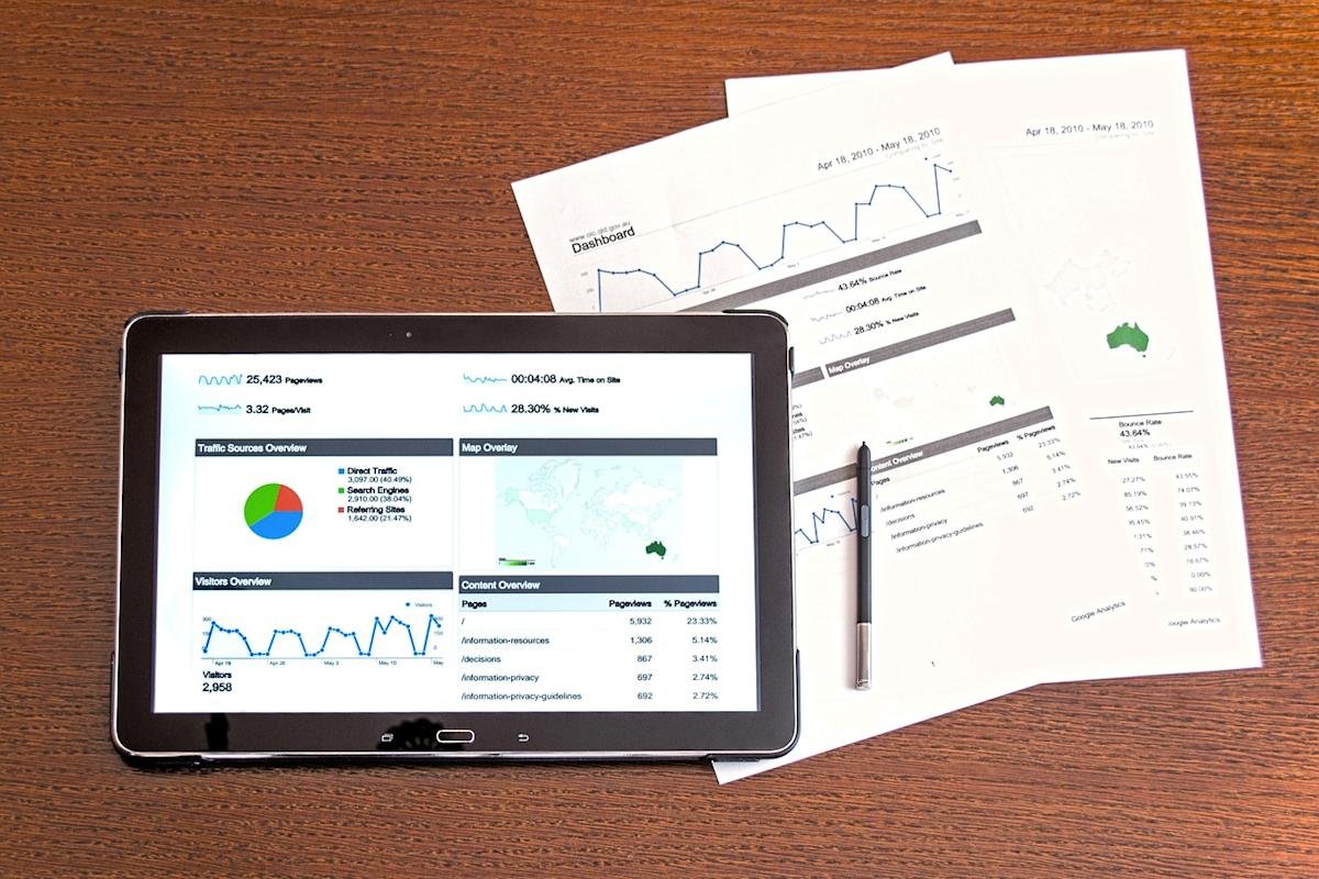 wp-header-logo-684png • Punkin's Patch Tablet displaying analytics dashboards on a wooden desk, with printed reports and a pen nearby.