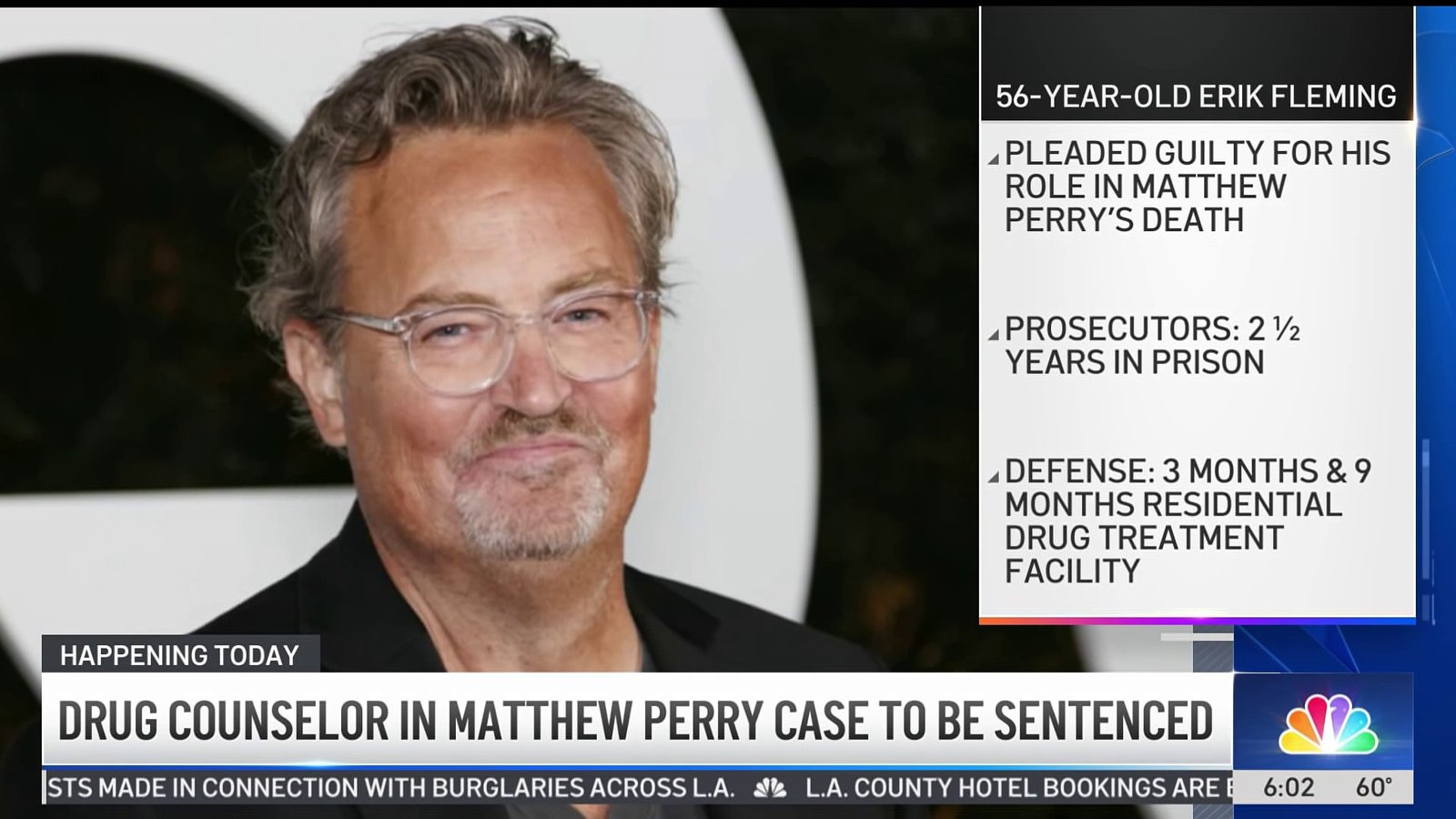 Close-up of a man with gray hair and glasses on a TV news broadcast; right column shows headlines and a bottom ticker reading 'HAPPENING TODAY' and 'DRUG COUNSELOR...'.