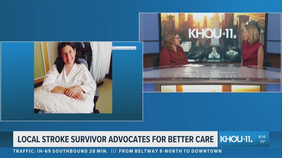 KHOU 11 news broadcast with two anchors; an inset image shows a smiling woman in a white robe, bottom banner reads 'Local Stroke Survivor Advocates for Better Care'.