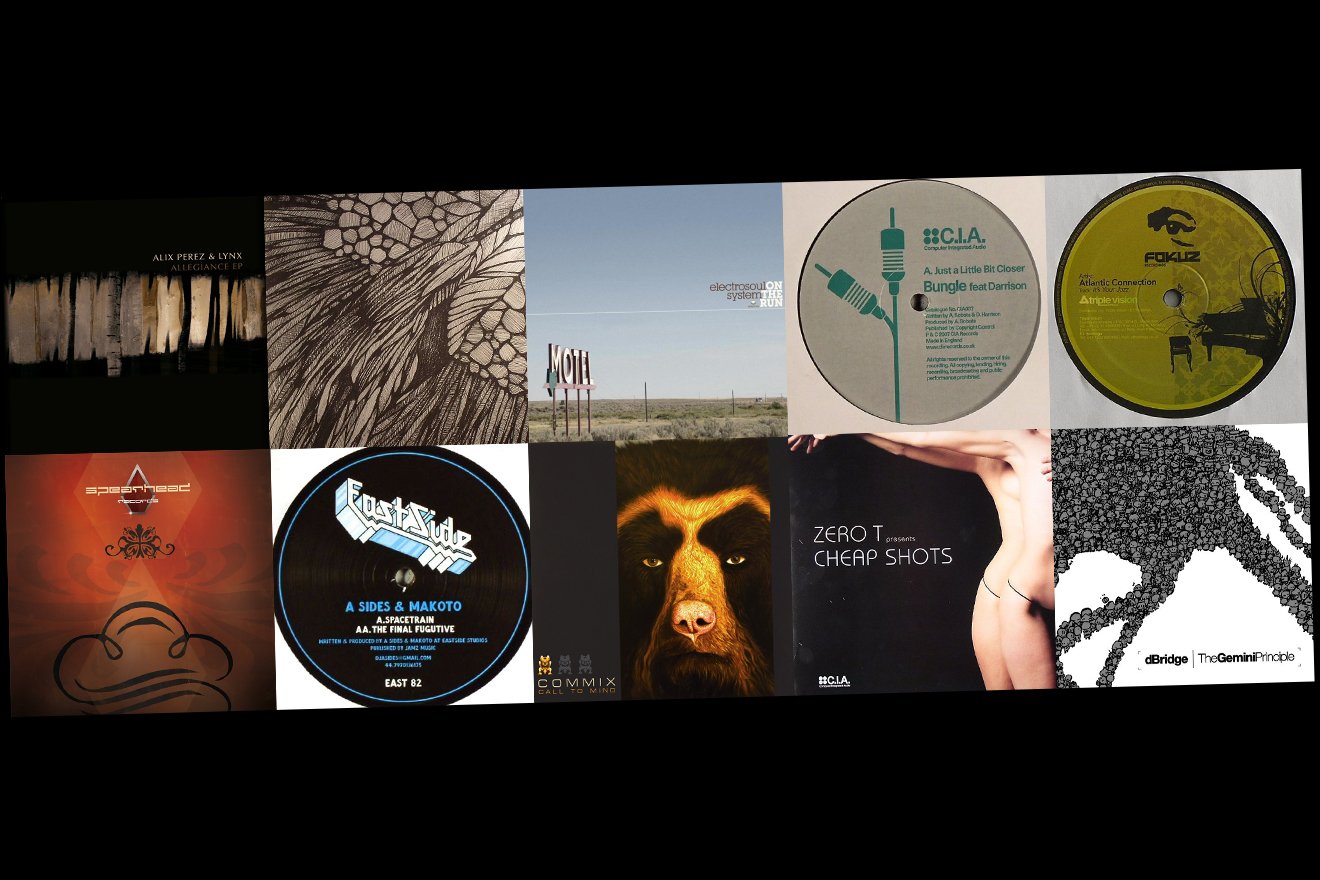 Collage of twelve vinyl album covers arranged in a grid with abstract textures and circular labels.