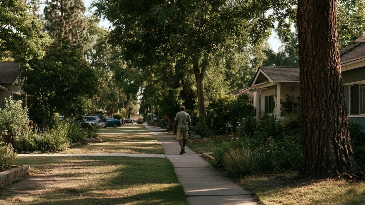Person wearing a green shirt and shorts walks down a sunny, tree-lined residential sidewalk with houses on either side.