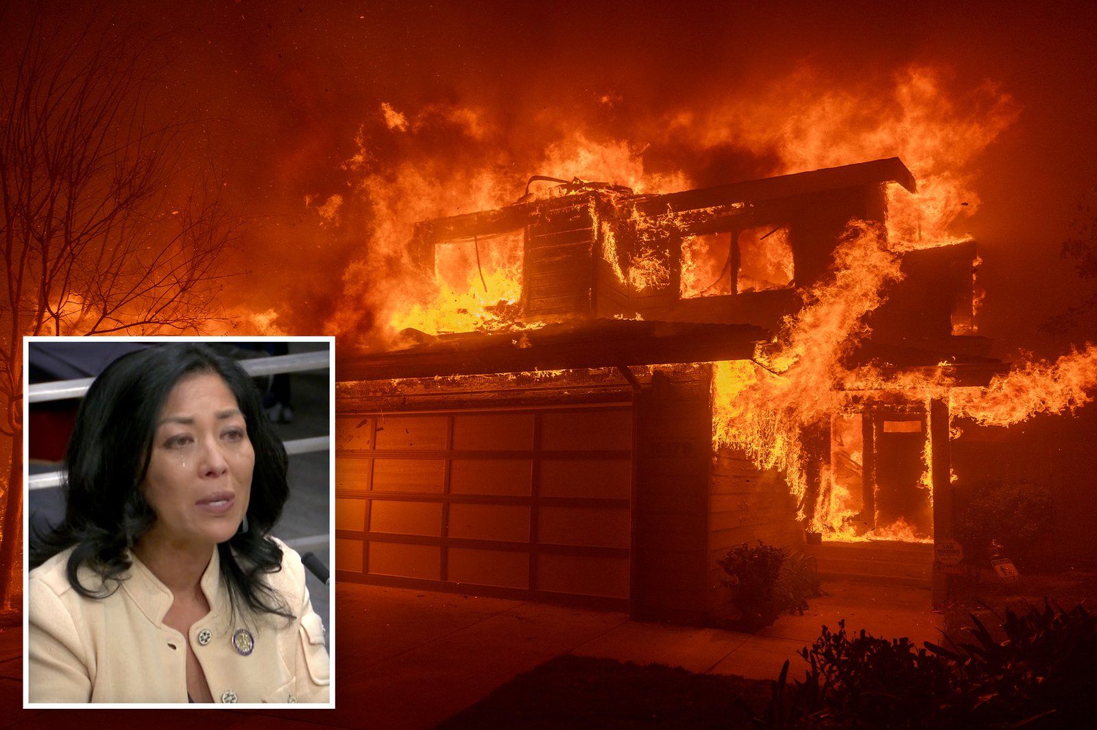 A house burns intensely with flames engulfing the roof; an inset shows a woman in a beige jacket speaking emotionally, possibly at a press conference.