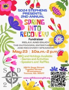 Colorful poster announcing the SD24 Stephens ‘Spring into Recovery’ fundraiser, 2nd annual, May 23, 10am–2pm, with BBQ, hot dogs, games, raffles, speakers, and a QR code.