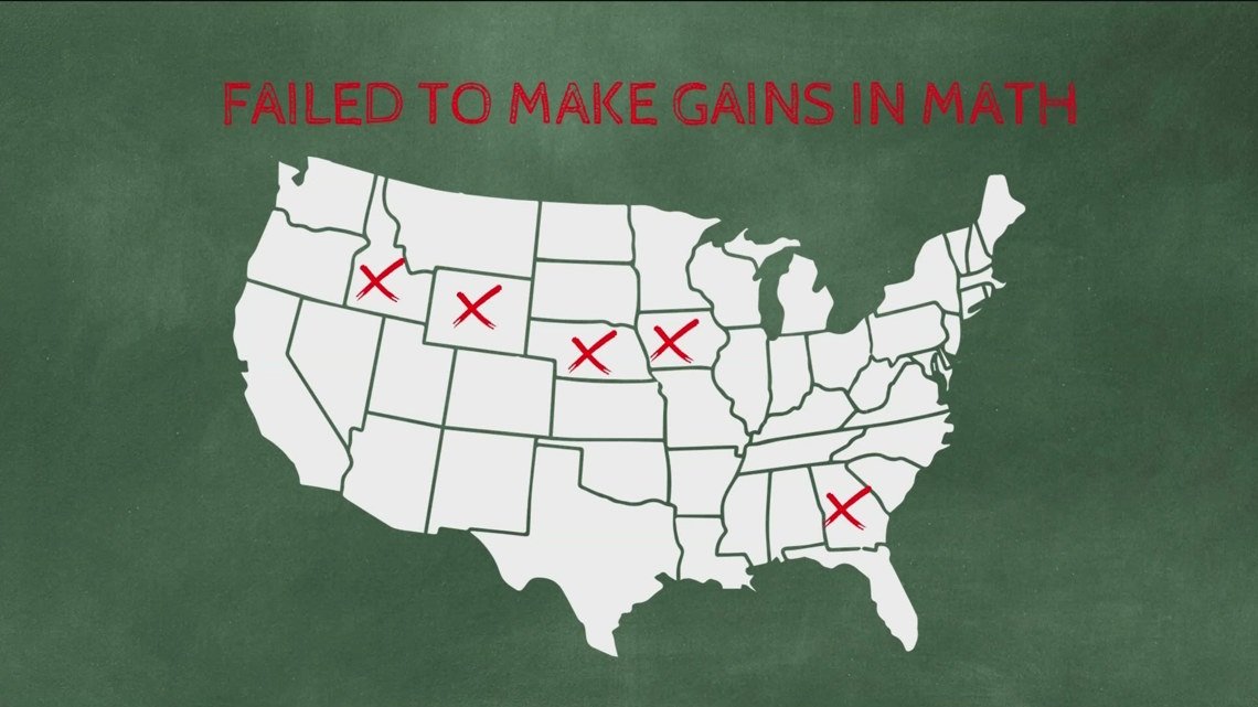 Chalkboard-green background with a white US map and red X marks over several states, captioned 'FAILED TO MAKE GAINS IN MATH'.