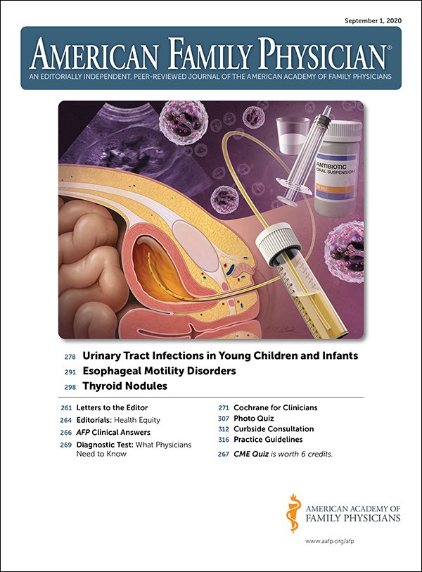 Cover of American Family Physician with a medical illustration of the urinary tract, a syringe, and an antibiotic bottle (Sept 1, 2020).