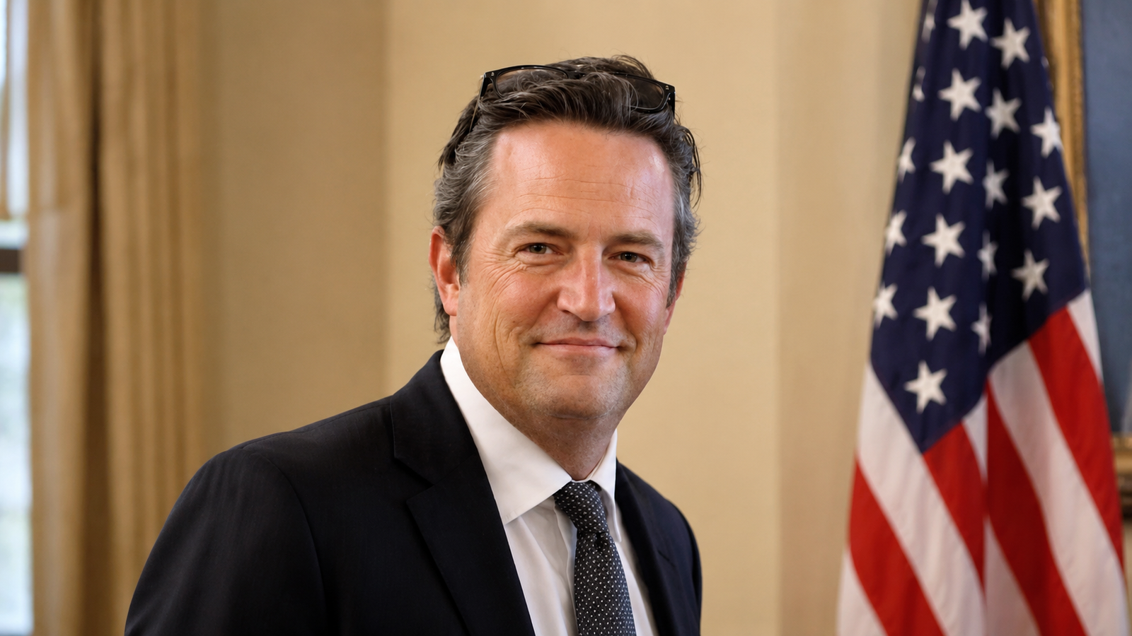Smiling man in a dark suit and tie, indoors with sunglasses resting on his head and an American flag in the background.