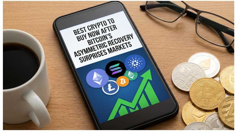 Smartphone on a desk showing a crypto market article headline with crypto icons beside a coffee cup and coins.