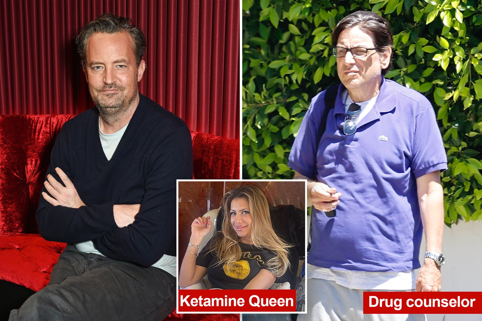 Collage of three people: left man with short light brown hair in a navy sweater seated on a red velvet couch against a red curtain; right man in a blue polo standing outdoors by green hedge. A small inset shows a smiling blonde woman in a black shirt; red captions read 'Ketamine Queen' and 'Drug counselor'.