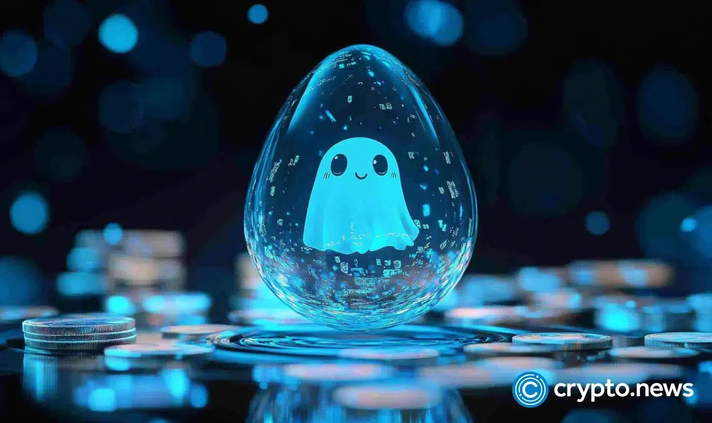 Blue glowing ghost inside a crystal ball hovering above stacks of coins, symbolizing cryptocurrency.