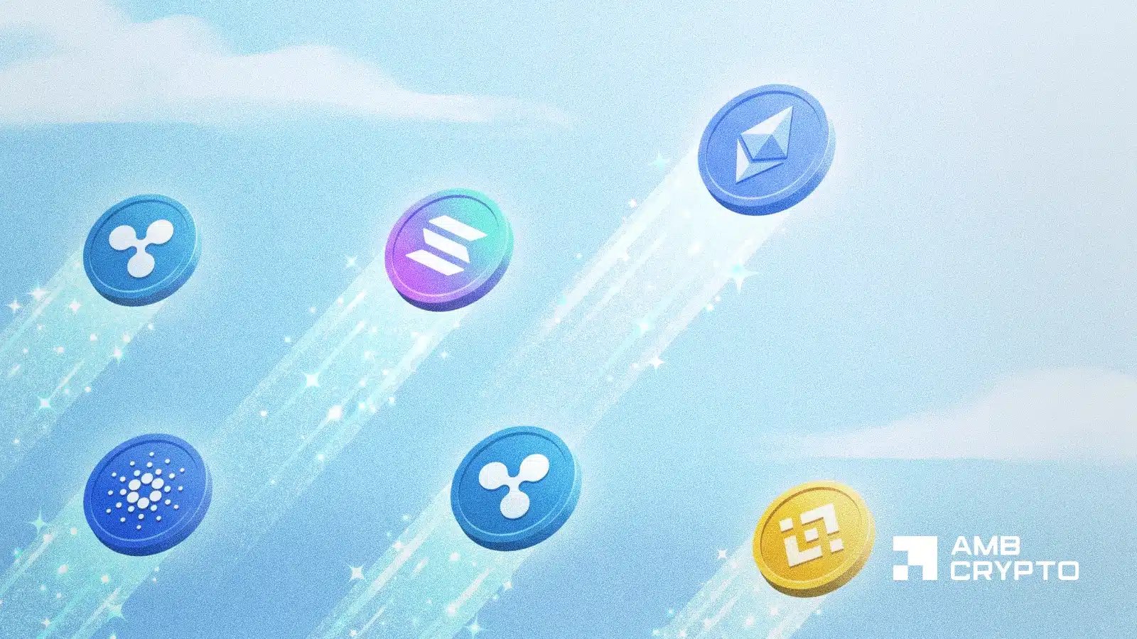 Floating crypto coins with logos (Ripple, Solana, Ethereum, Cardano) soaring through a blue sky; AMB Crypto watermark.
