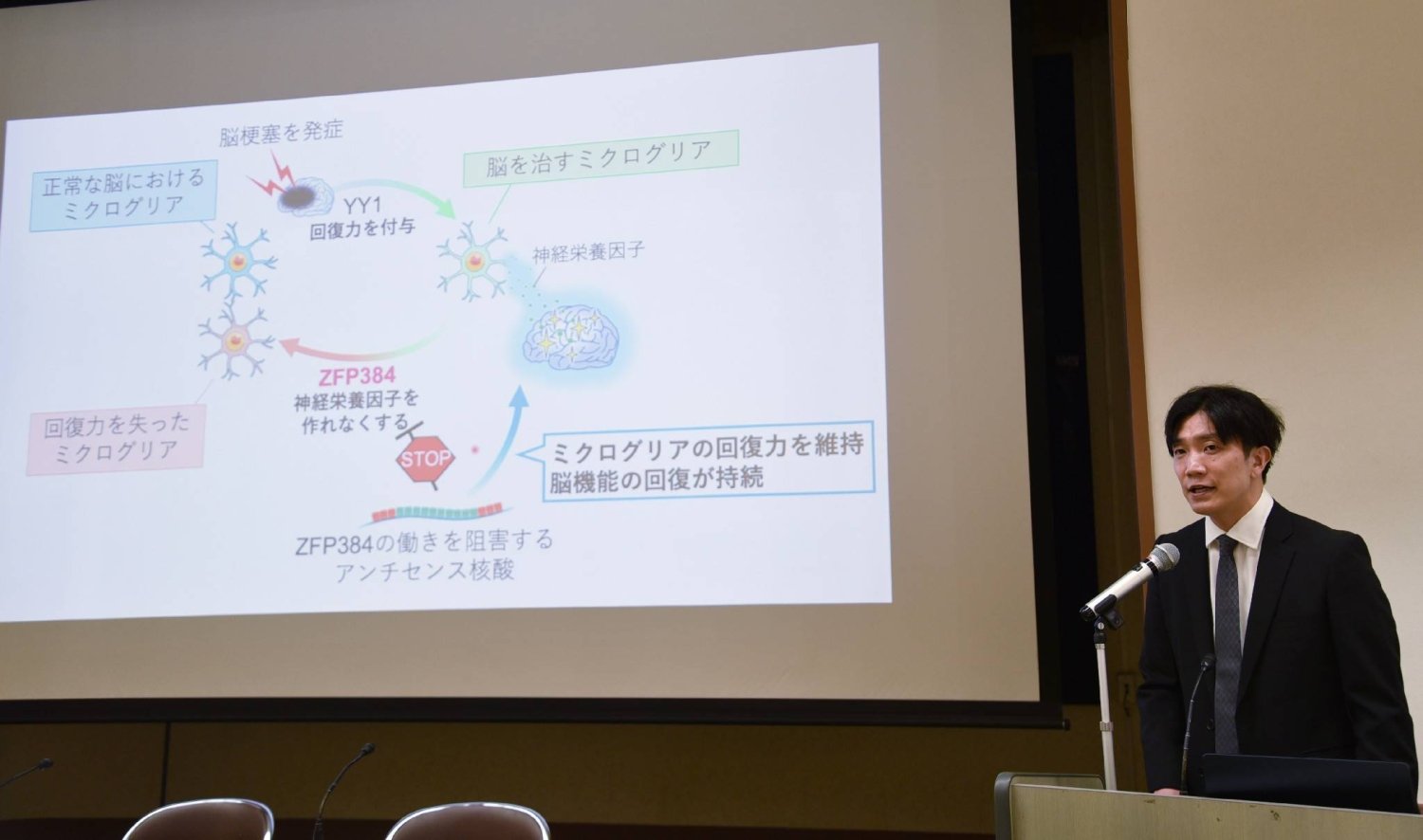 Man in a suit giving a presentation beside a projection screen with a scientific diagram in Japanese about microglia and brain recovery.