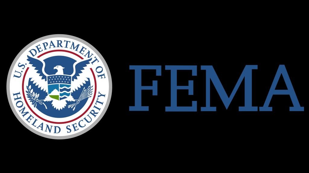 FEMA branding: circular U.S. Department of Homeland Security seal on the left and blue 'FEMA' text on a black background.