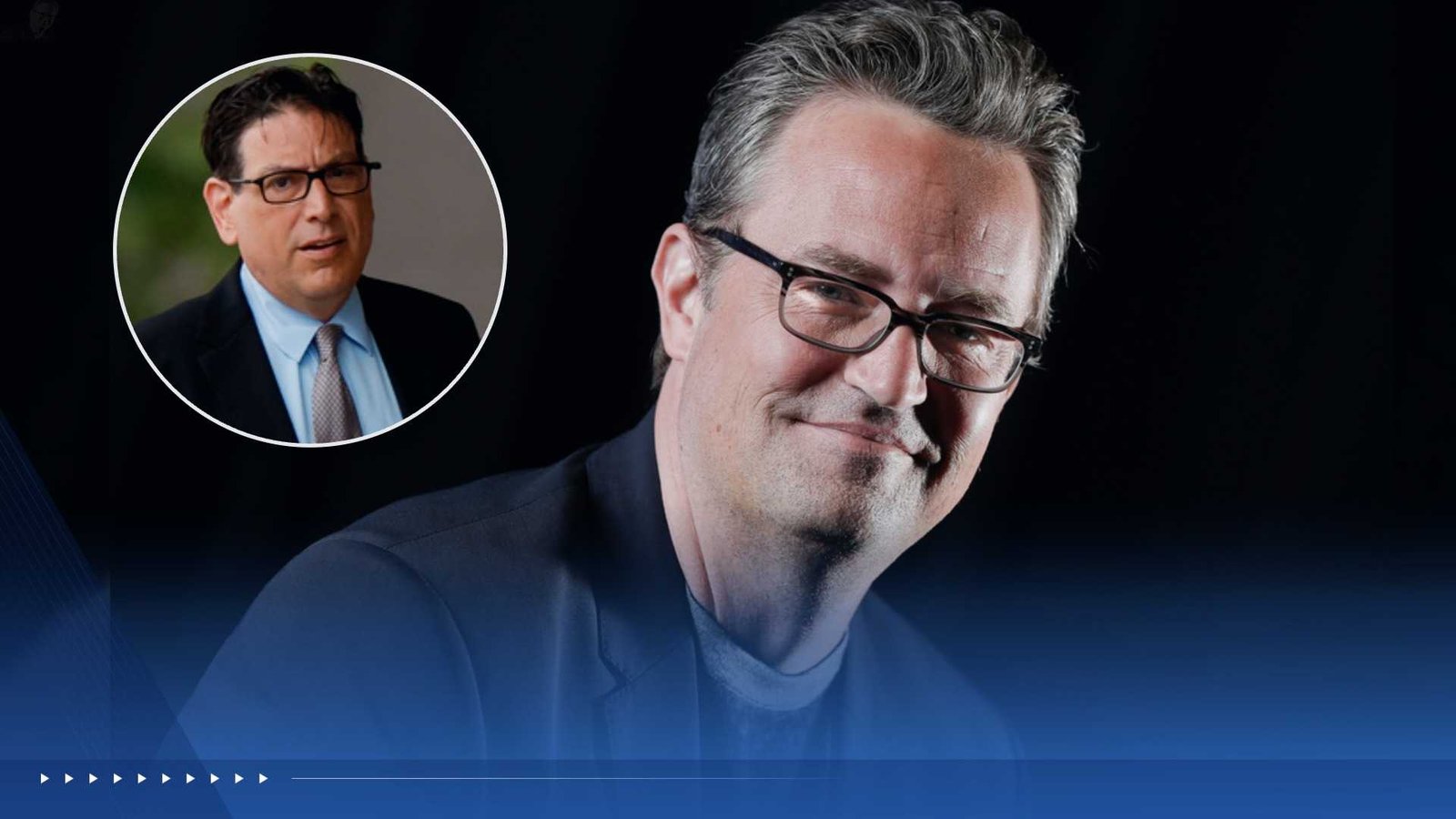 Main speaker portrait with a circular inset photo of a colleague, on a dark video banner with a blue progress bar at the bottom.