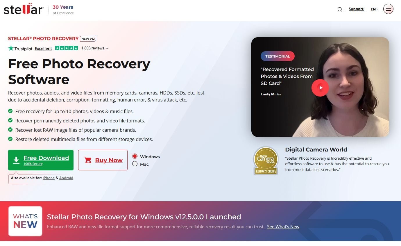 Screenshot of Stellar Photo Recovery homepage with headline “Free Photo Recovery Software,” feature bullets, and download buttons on the left; video testimonial thumbnail on the right.